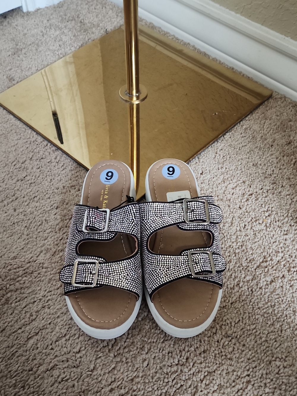 Olivia And Kate Sparkling Double Buckle Slide Sandals - Silver Embellished